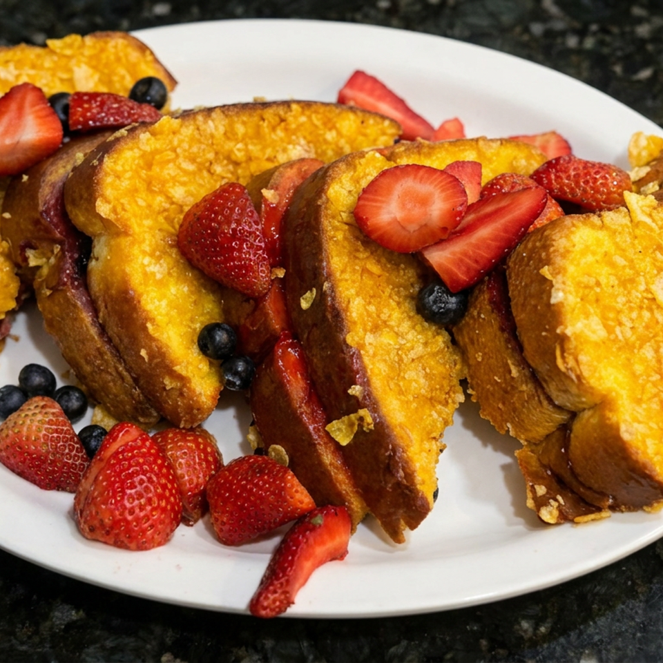 Golden-crusted French toast slices topped with strawberries and blueberries on a white plate.