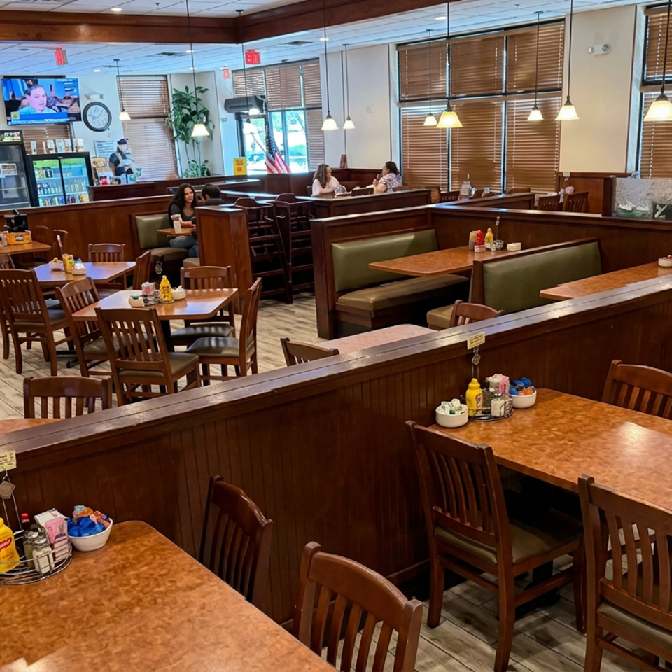 Spacious casual restaurant dining room with wooden booths, tables, pendant lights, condiment holders, and several seated diners.