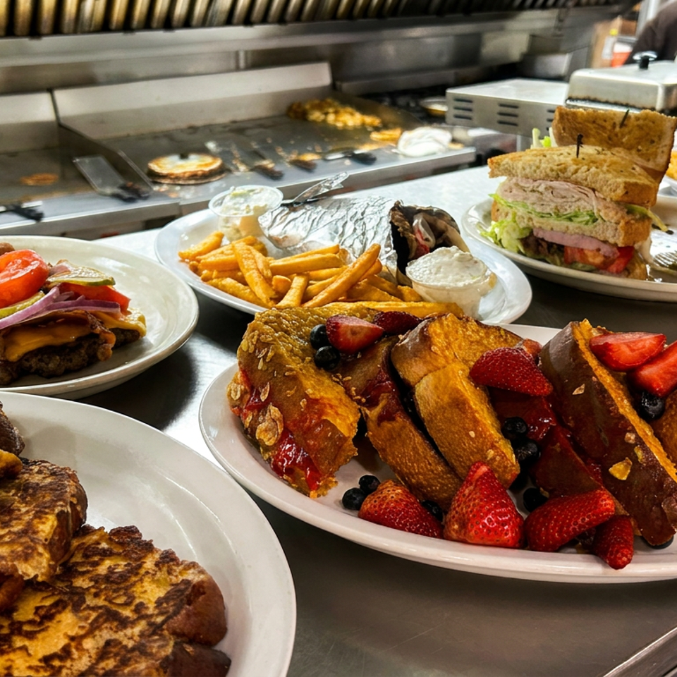 Assorted diner dishes include French toast with berries, a cheeseburger, sandwiches, fries, and griddled food on a counter.