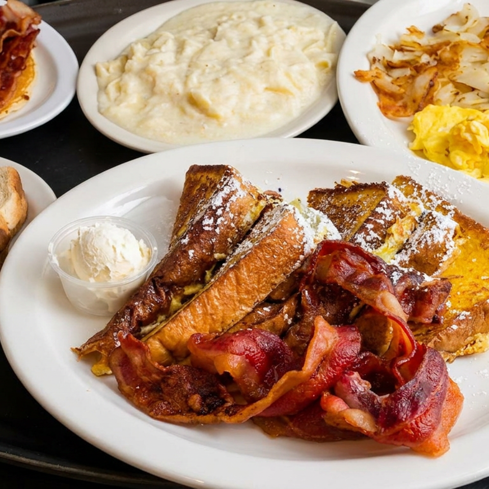Diner breakfast spread featuring French toast with bacon, pancakes, scrambled eggs, hash browns, grits, toast, and whipped butter.