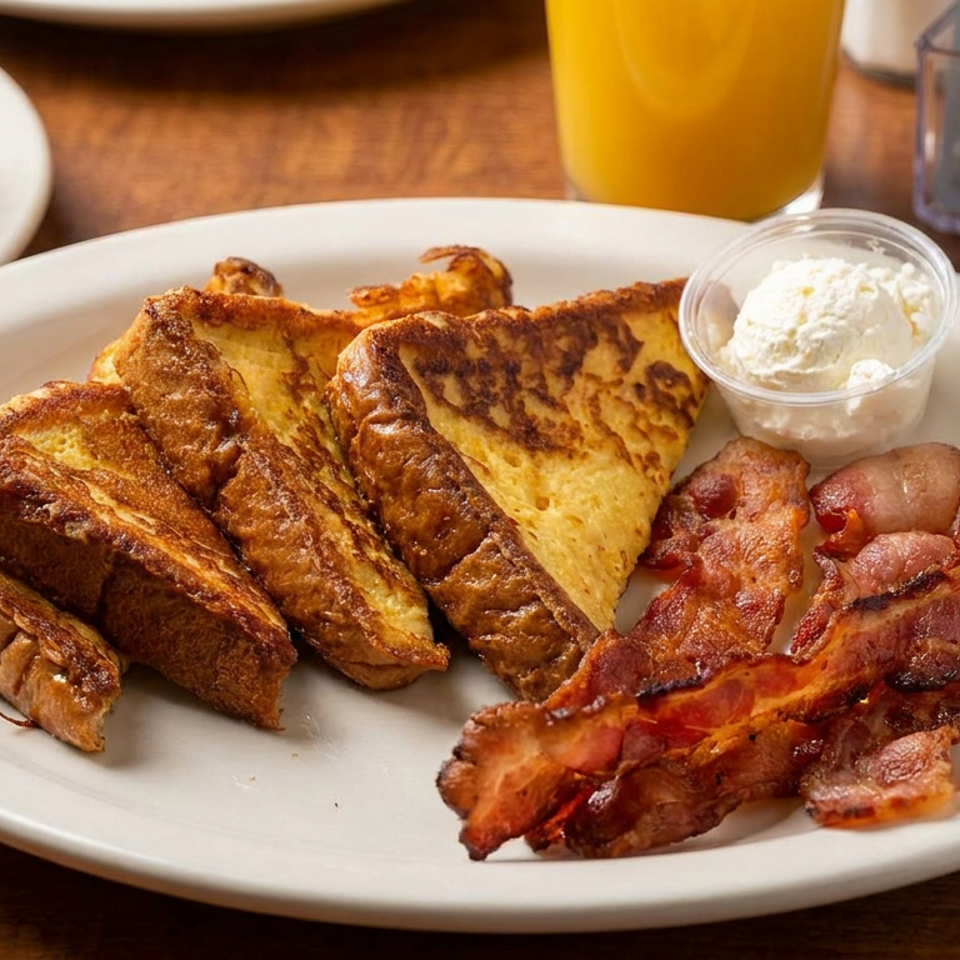 Plate of French toast wedges, crispy bacon, and whipped butter with a side of toast and orange juice.
