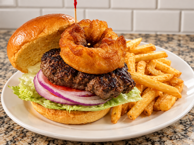 BBQ Onion Ring Hamburger.
