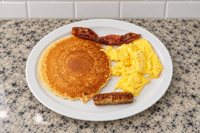 Egg, Pancakes, Bacon & Sausage.