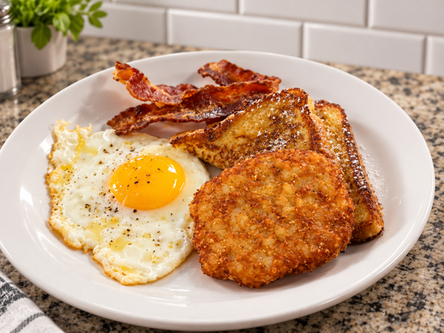 Egg, Potato Cake & French Toast.