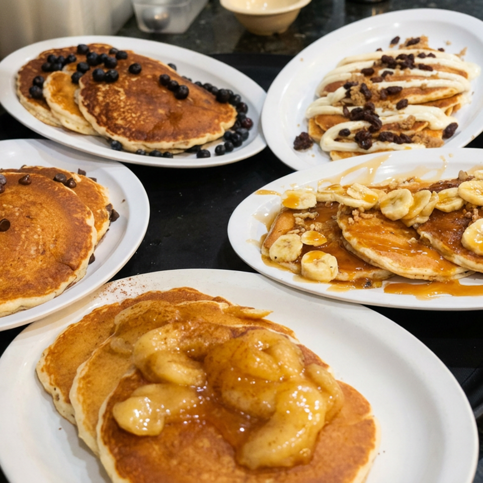 Plates of pancakes topped with blueberries, chocolate chips, whipped cream, bananas, and syrup on a restaurant counter.